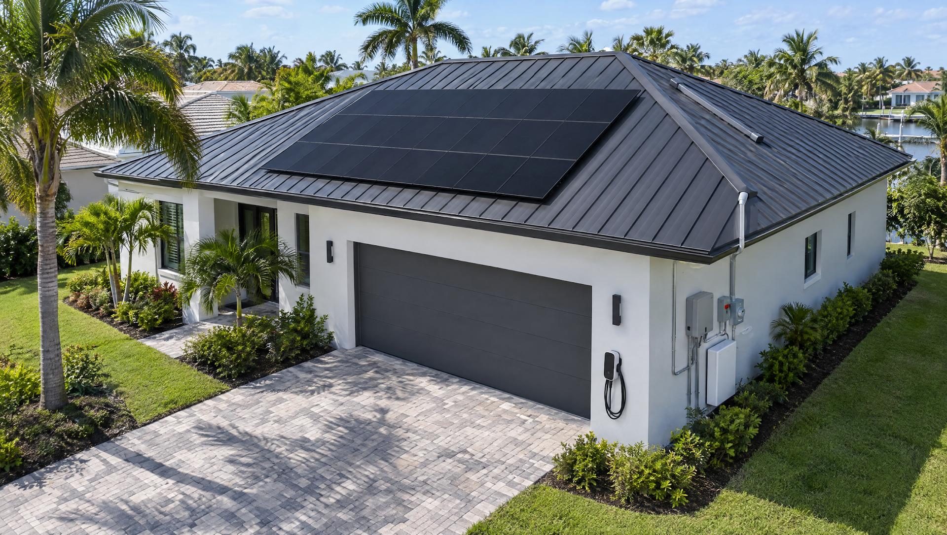 Drone view of a Florida home with a block of black solar panels on its metal roof, and an inverter, disconnect, meter, home battery and EV charger on the side wall