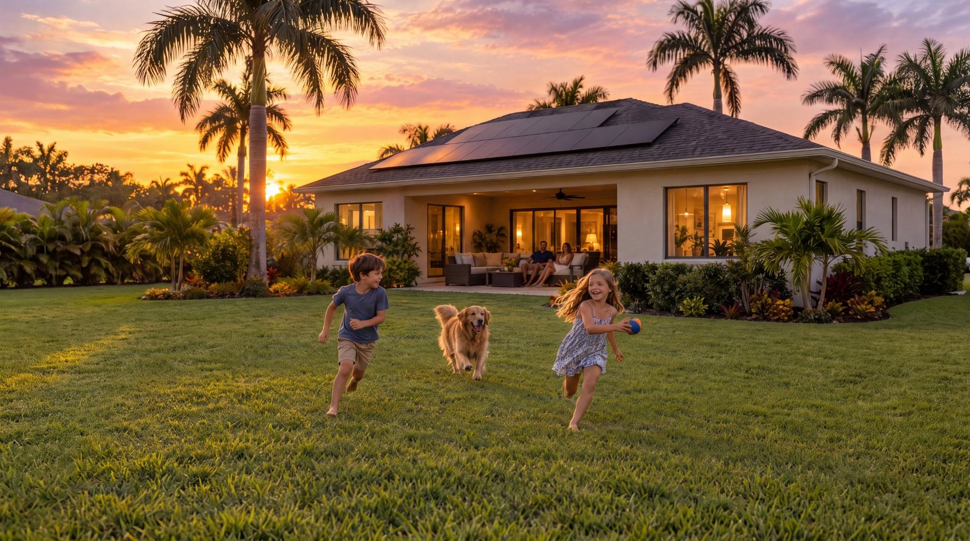 Family playing in the backyard of a Florida home with Nova Structa rooftop solar panels at sunset