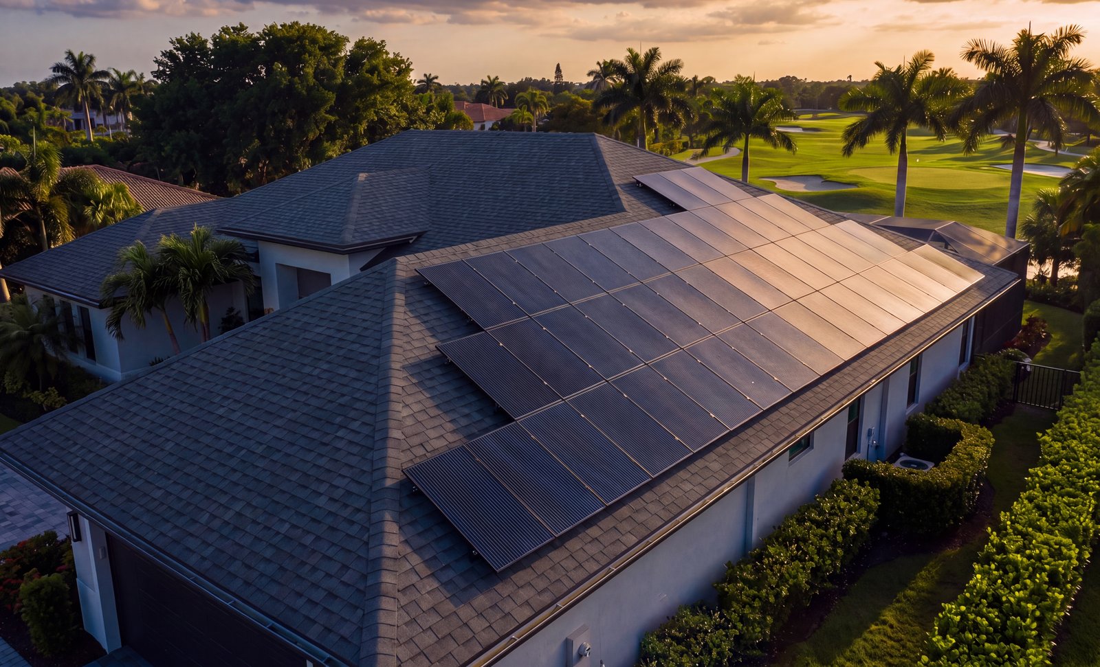 A Florida home in Plantation Bay, Ormond Beach, with a new architectural shingle roof and a rooftop solar array at sunset