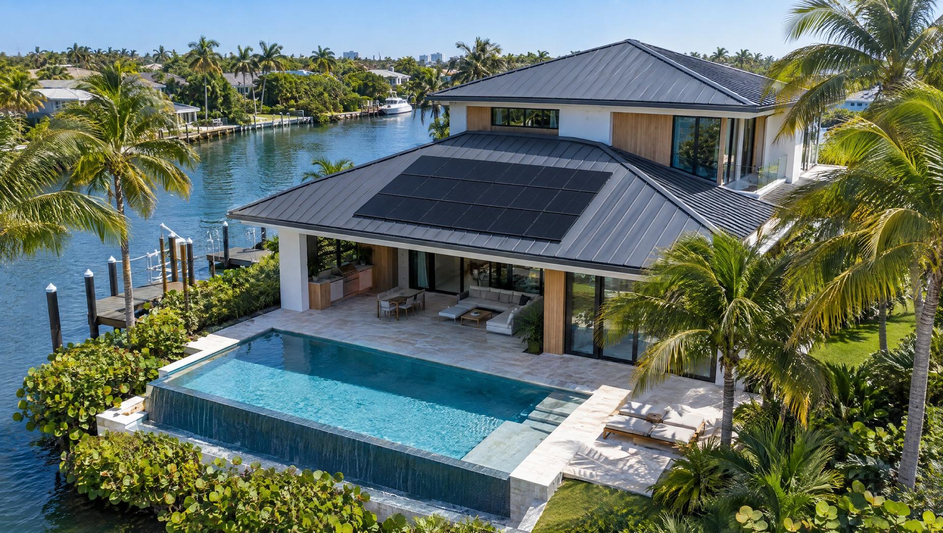 Drone view of a modern two-story waterfront Florida home with a block of all-black solar panels on its charcoal standing seam metal roof, an infinity pool and a canal