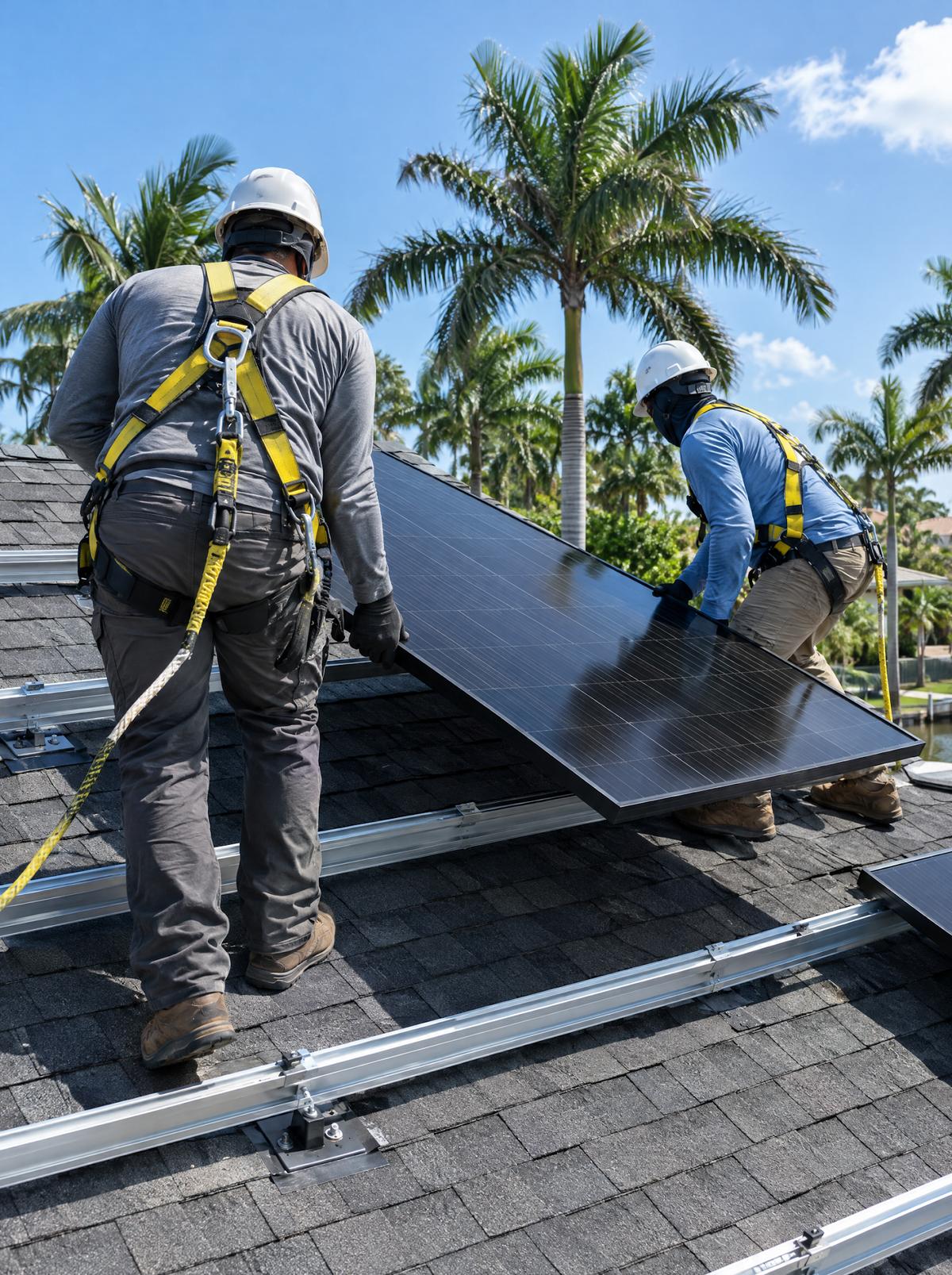 Two solar installers in safety harnesses lifting an all-black panel onto mounting rails on a Florida roof