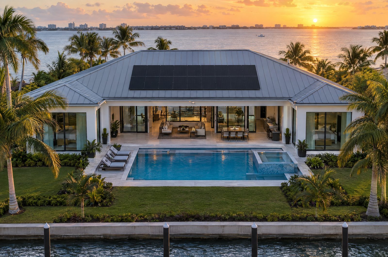 Drone view at sunset of a waterfront Florida home with a metal hip roof and a centered rectangle of all-black solar panels above the lanai and pool