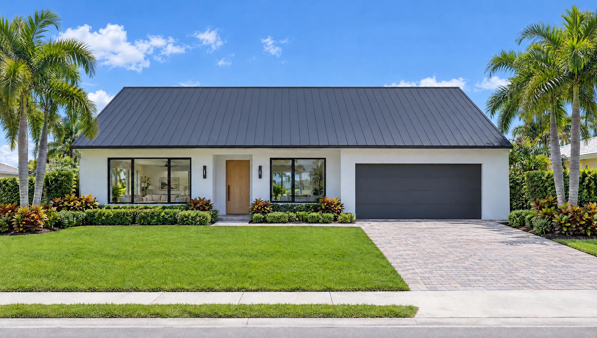 A white single-story Florida home with a plain dark standing seam metal roof and no solar