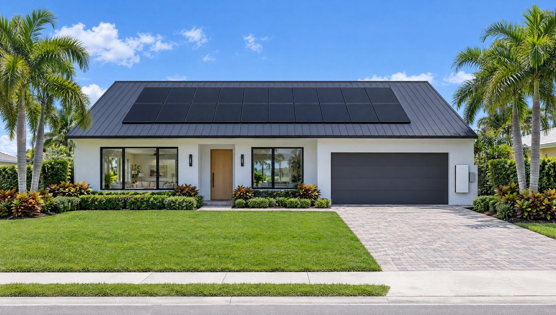 A white single-story Florida home with a rectangular array of black solar panels on its dark metal roof and a home battery on the wall beside the garage