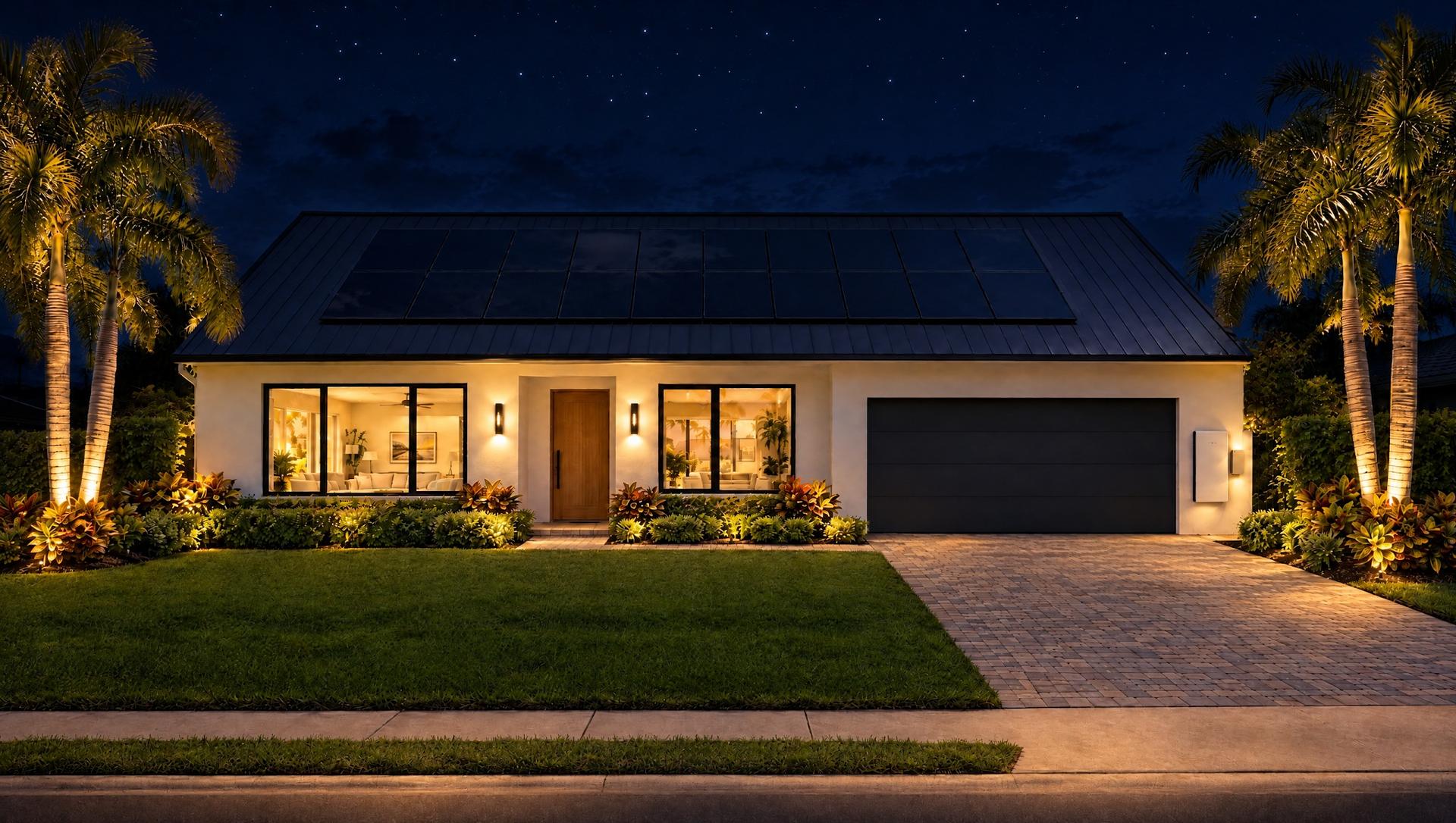 A Florida home with solar panels and a wall-mounted home battery, its windows and landscape lights on at night while the street lights are out