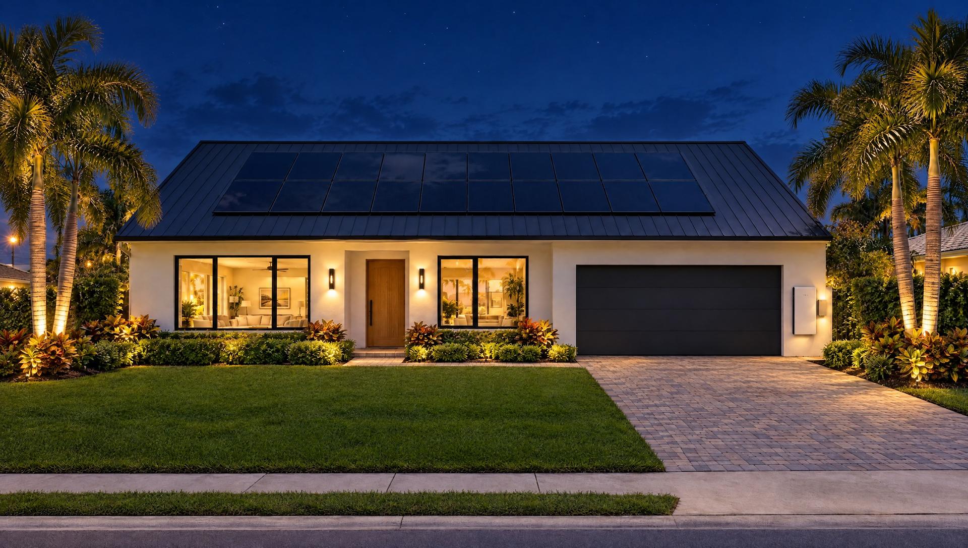 A white Florida home at night with solar panels on its dark metal roof, warm lights in every window and a home battery by the garage