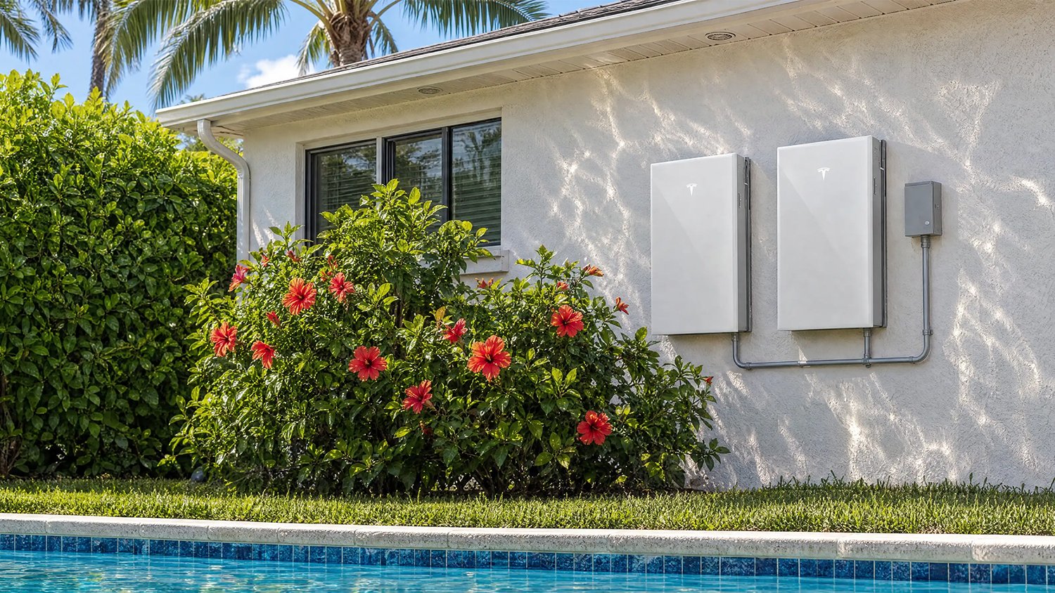 Two white Tesla Powerwall home batteries mounted on the stucco wall of a Florida home beside a pool, with conduit running to a gray disconnect