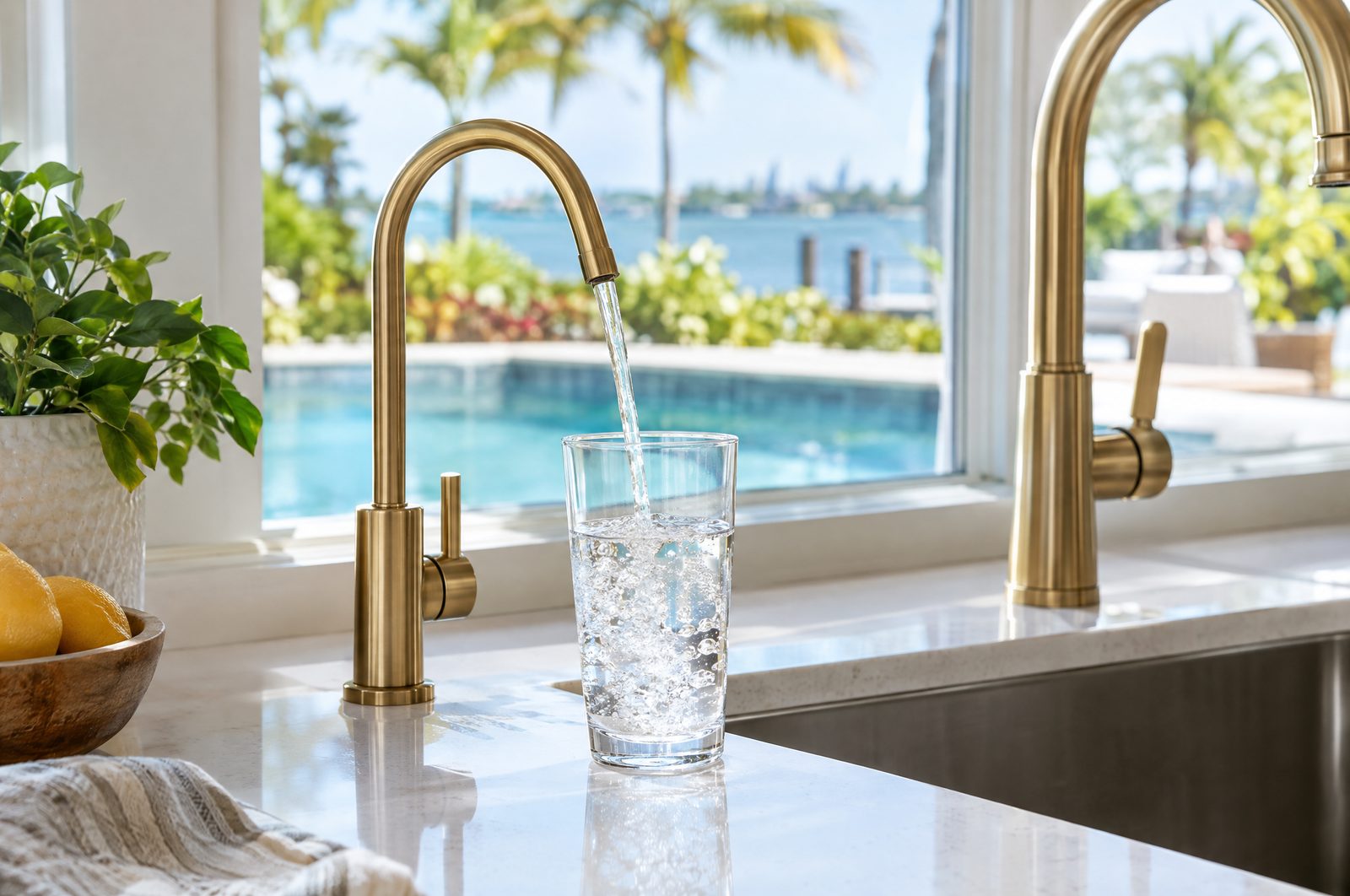 A glass filling from a brushed brass drinking water faucet beside the main kitchen faucet, with a pool and palms outside
