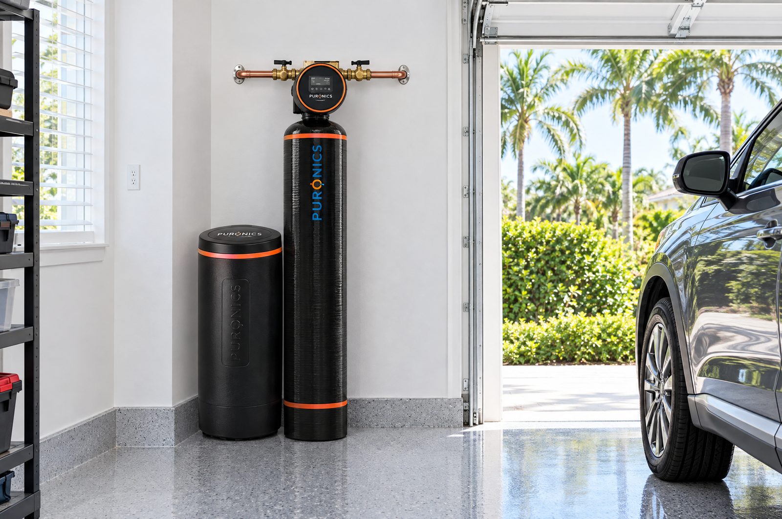 A Puronics Defender iGen whole-home water softener and brine tank plumbed into the main line in a Florida garage