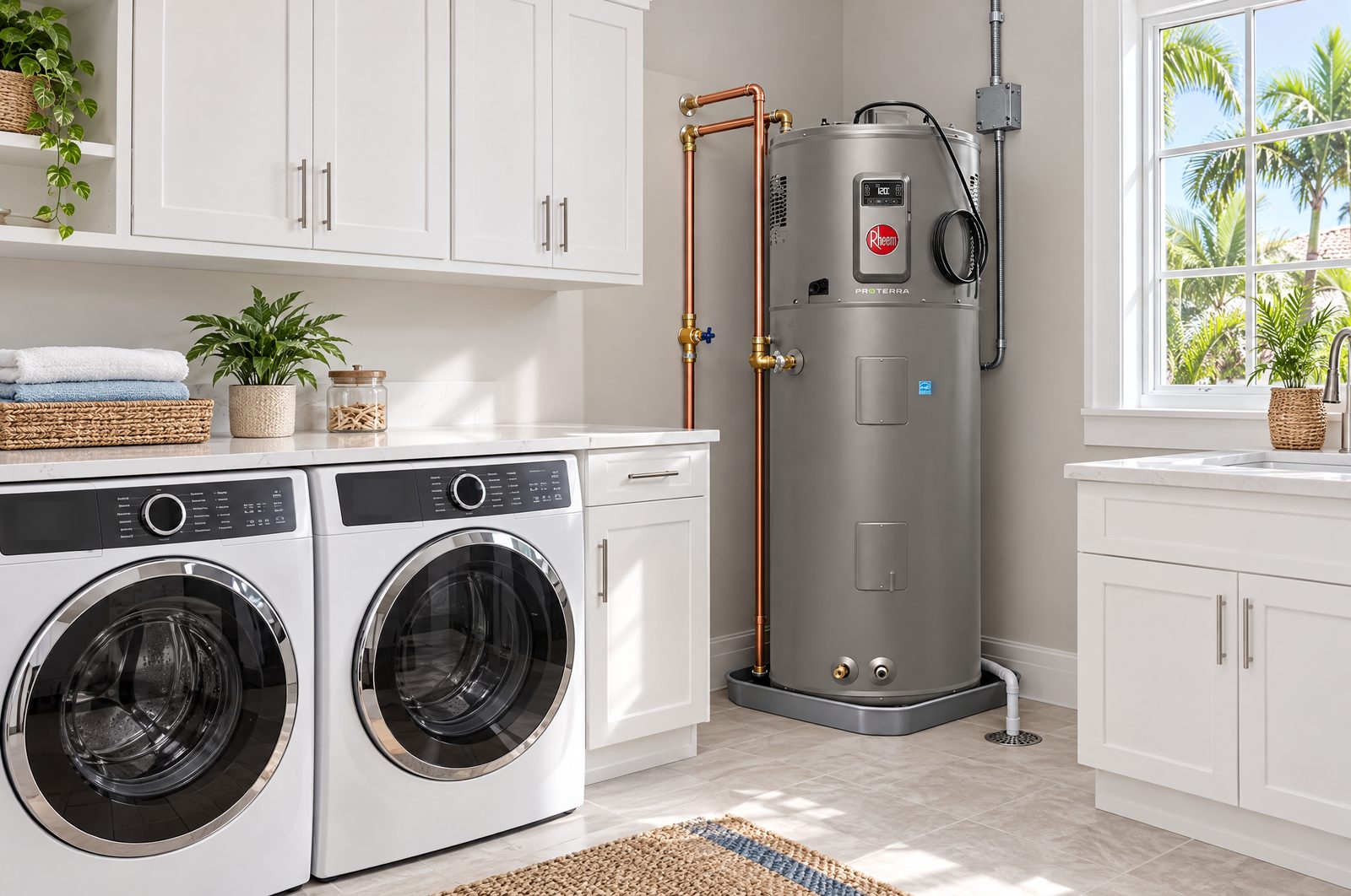 A Rheem ProTerra 80 gallon heat pump water heater installed in the corner of a bright laundry room