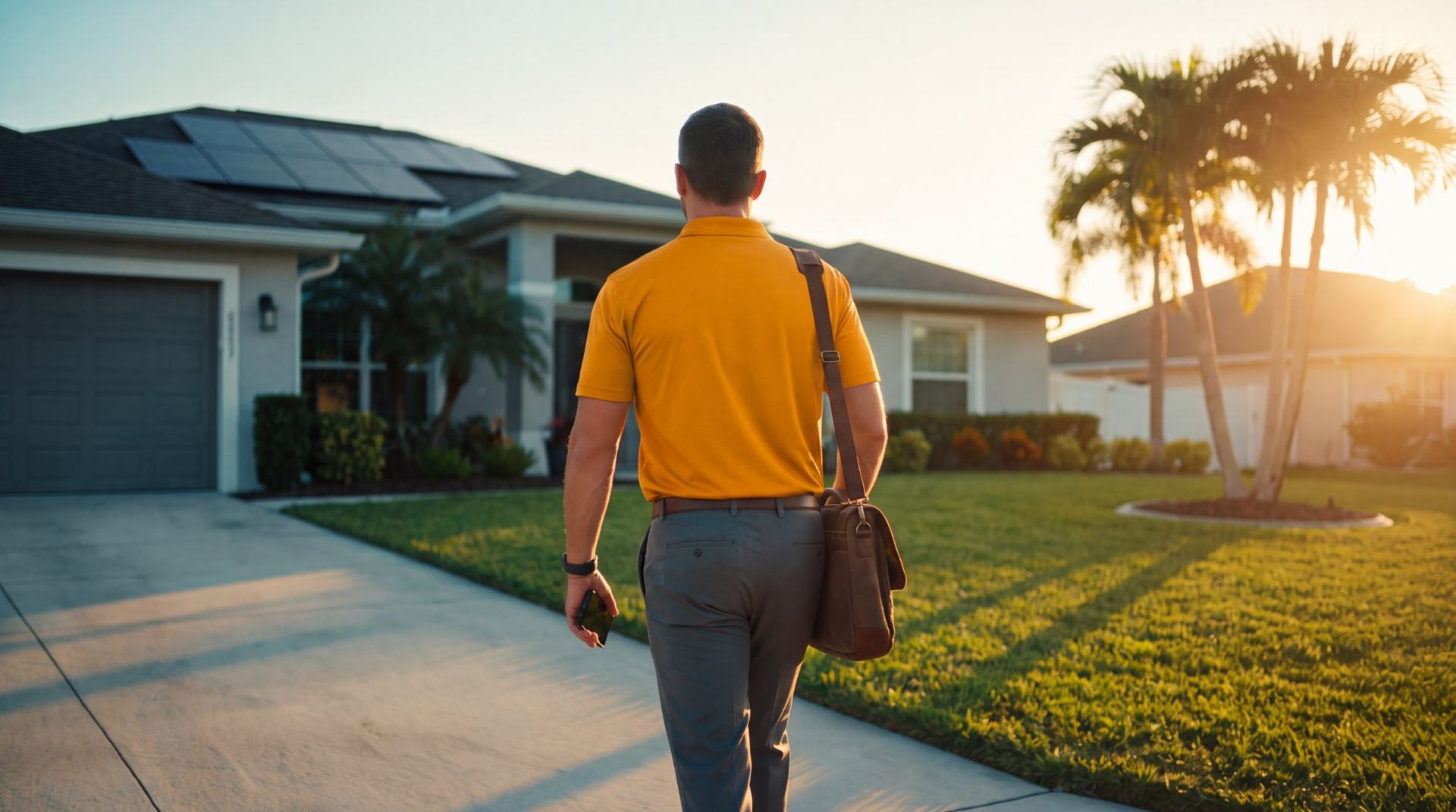 Nova Structa home consultant walking up the driveway of a Florida home at sunset