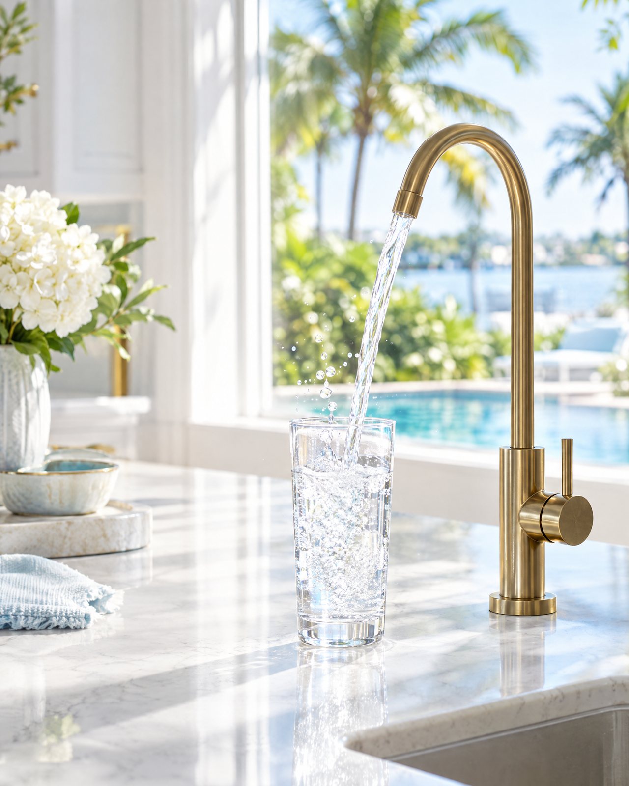 Clear water pouring from a brushed brass drinking water faucet into a glass on a white marble counter in a sunlit Florida kitchen